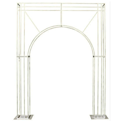 Geometric Metal Backdrop Arch with a freestanding design, featuring parallel metal bars forming rectangular and triangular patterns. Ideal for event entryways or backdrops.