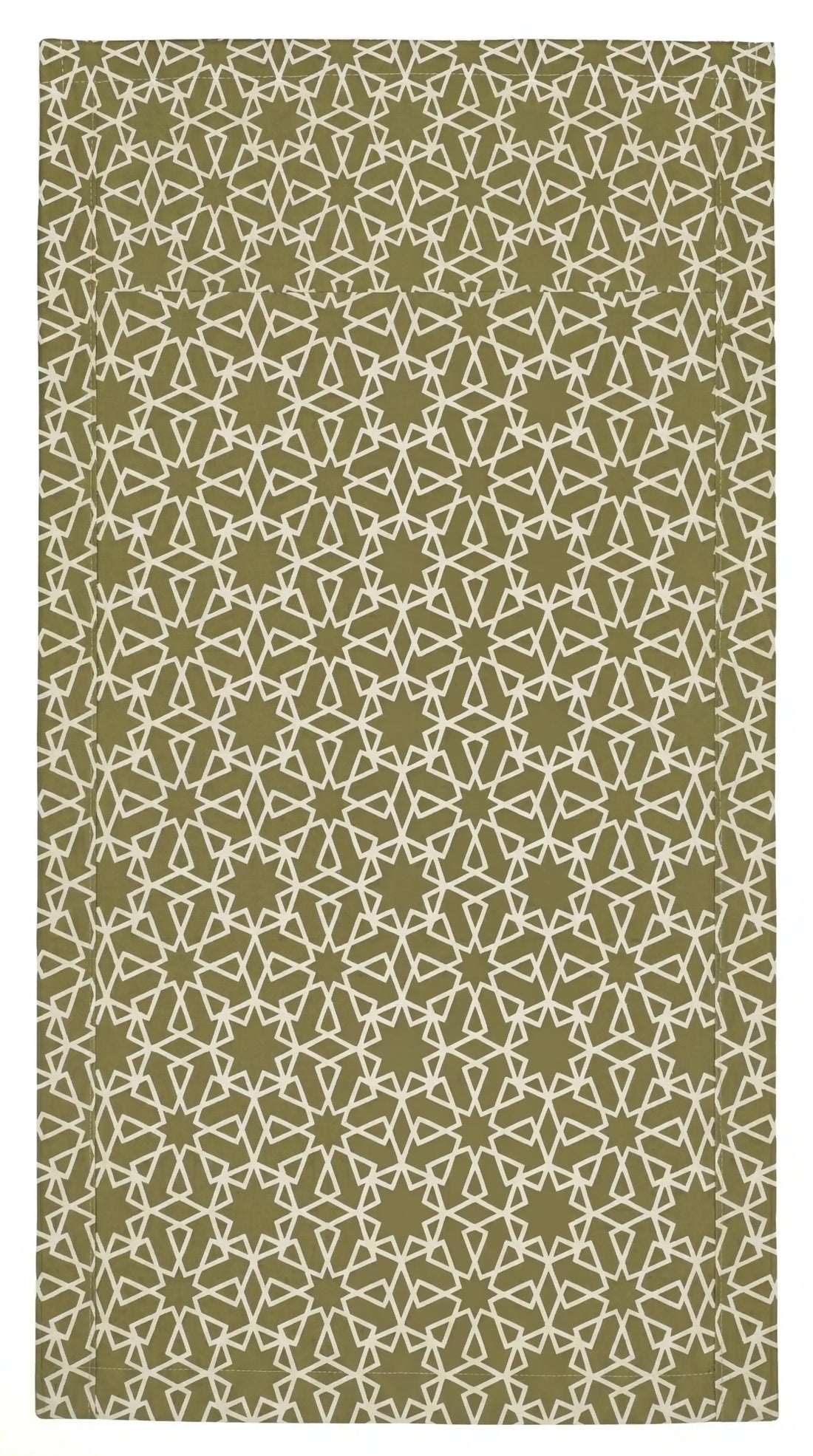 Sahara Geo Linen Tablecloth with olive base and ivory geometric pattern, ideal for stylish dining settings, available at Party Social for versatile event table arrangements.