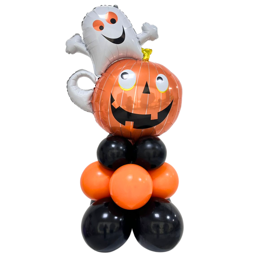 Ghost Pumpkin Balloon Stack featuring orange and black balloons with a ghost design, perfect for Halloween parties, floor-standing, or table display.