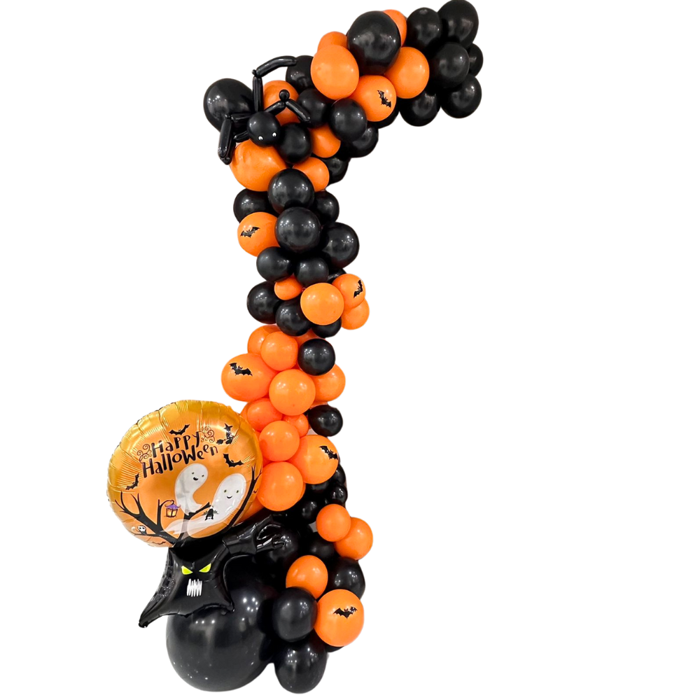 Ghost Tree Balloon Garland featuring a tower of black and orange balloons, with ghost and bat designs, perfect for Halloween parties.