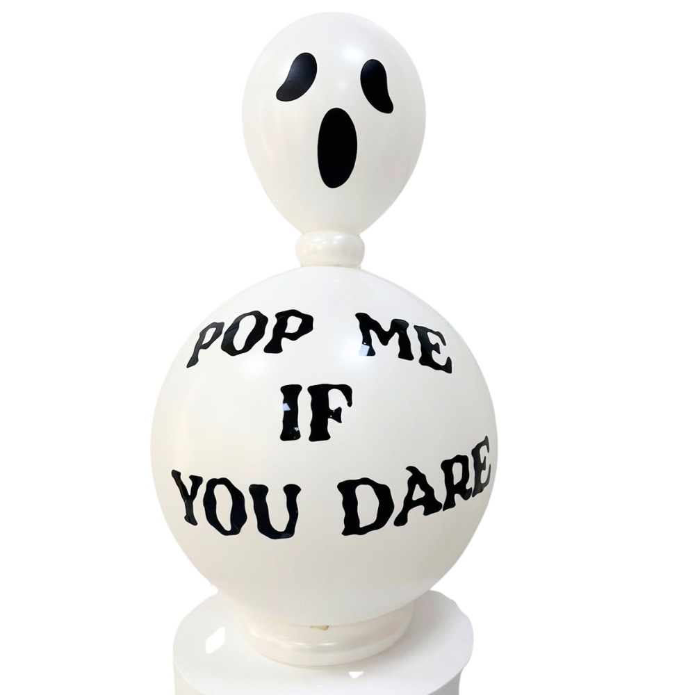 Ghost Balloon Stack featuring a white balloon with a printed face, perfect for Halloween parties, suitable for floor-standing or table placement.