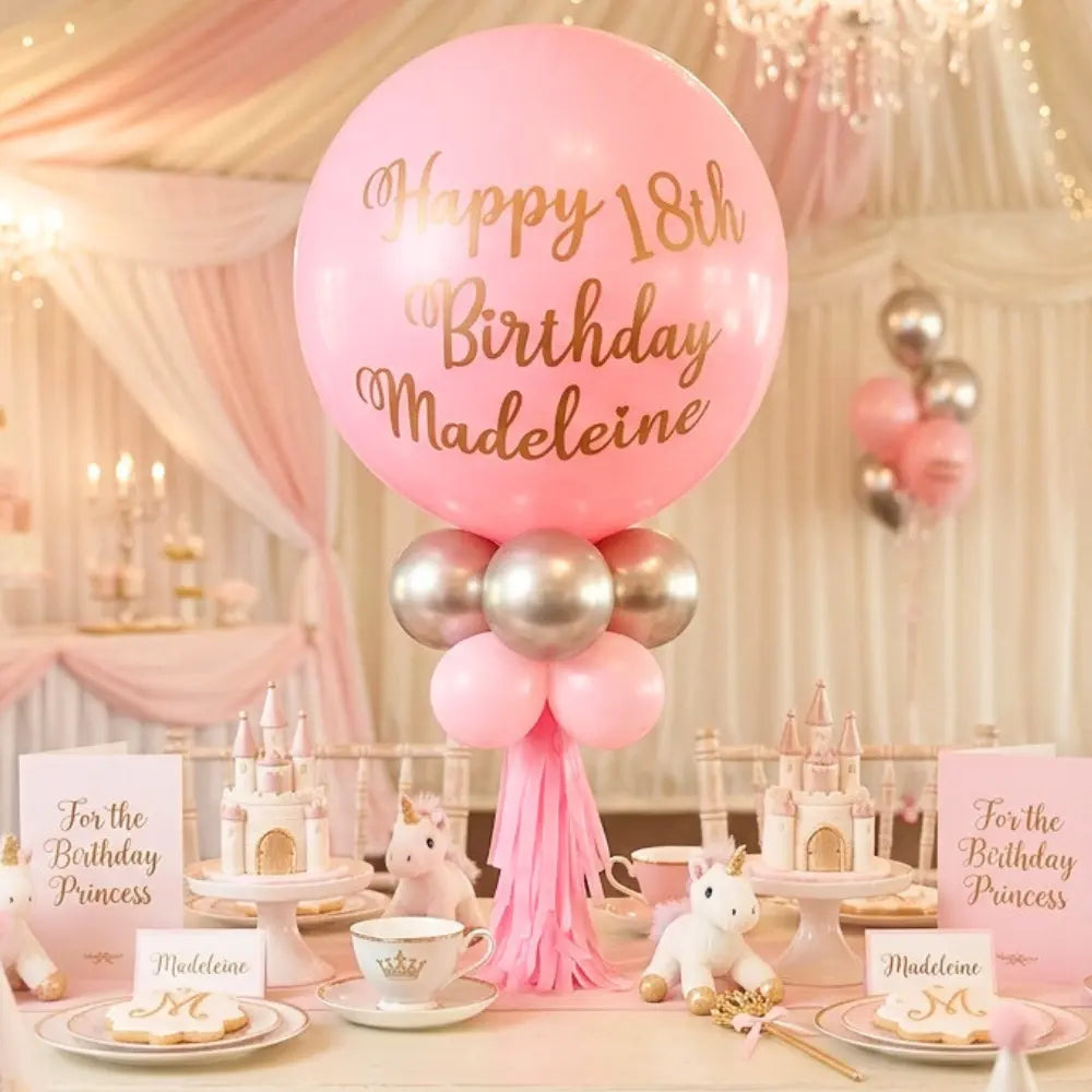 Pink and silver balloons with 'Happy 18th greetings