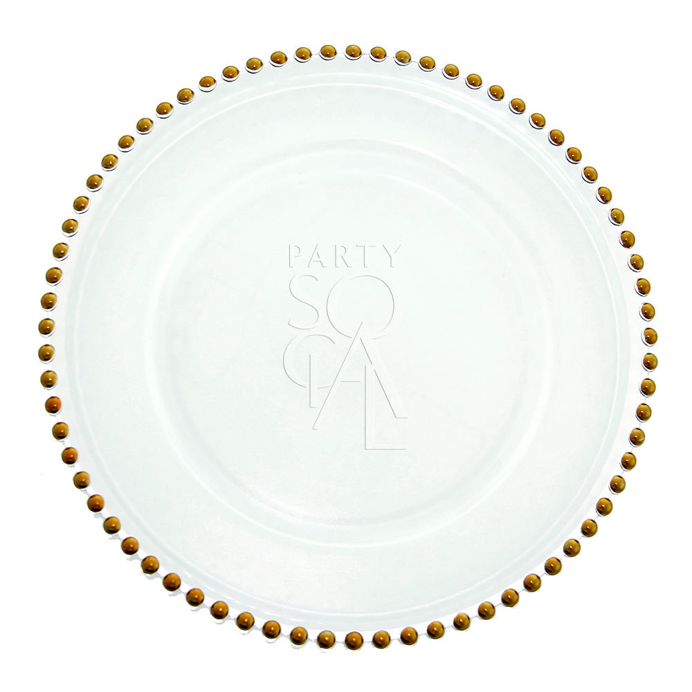 CHARGER PLATE - BEADED: A white glass charger plate with elegant gold dots, ideal for enhancing table settings at events or special occasions.