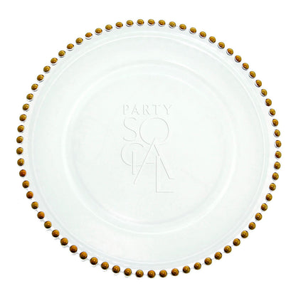 CHARGER PLATE - BEADED: A white glass charger plate with elegant gold dots, ideal for enhancing table settings at events or special occasions.