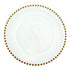 CHARGER PLATE - BEADED: A white glass charger plate with elegant gold dots, ideal for enhancing table settings at events or special occasions.