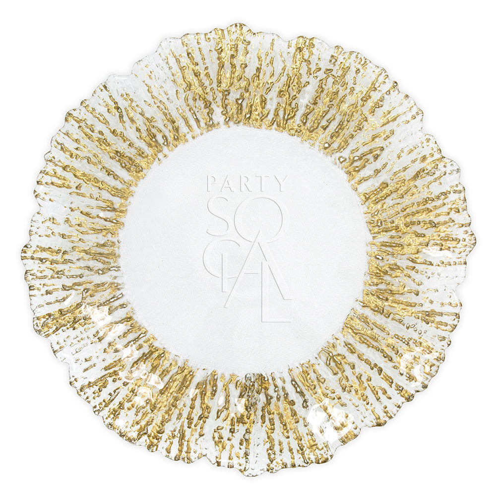 CHARGER PLATE - GOLD LEAF: Elegant white and gold veined glass plate, perfect for enhancing table settings at any special occasion. Diameter: 33cm.