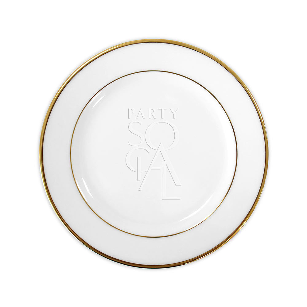 MODERN CHINA W/ GOLD RIM PLATE on a white background, ideal for premium events and functions, available in various sizes for diverse table settings.