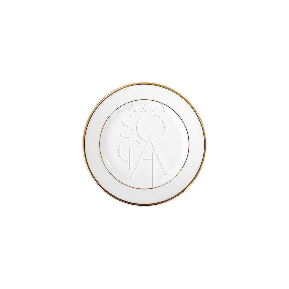 MODERN CHINA W/ GOLD RIM PLATES displayed on a white surface, showcasing elegant design suitable for premium events, available in various sizes for diverse dining settings.