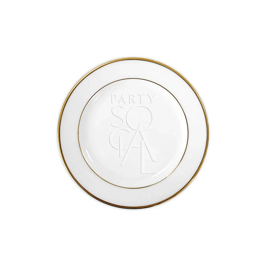 MODERN CHINA W/ GOLD RIM PLATES on display, featuring a white plate with a gold rim, ideal for premium events and functions.