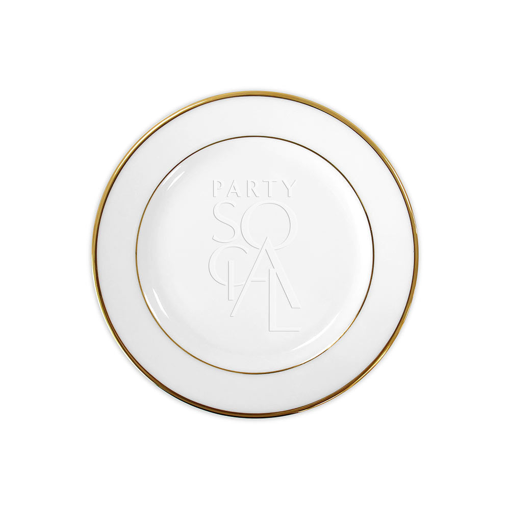 MODERN CHINA W/ GOLD RIM PLATES, ideal for premium events, featuring a white plate with an elegant gold rim, perfect for enhancing table settings.