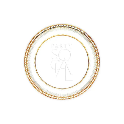 CLASSIC CHINA GOLD PLATES featuring a decorative metallic gold concentric ring with bead motifs, embossed PARTY SOCIAL logo, ideal for premium events and functions.