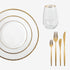 Gold Lined Tabletop Package: Elegant white plates, gold-rimmed tumbler, and gold-tone flatware, ideal for sophisticated dining experiences from Party Social.