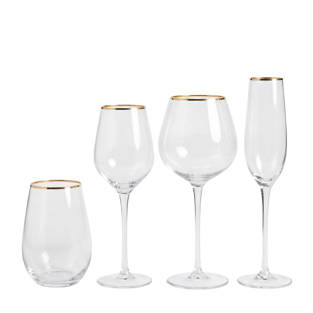Set of four glass drinking glasses with gold rims on a white background