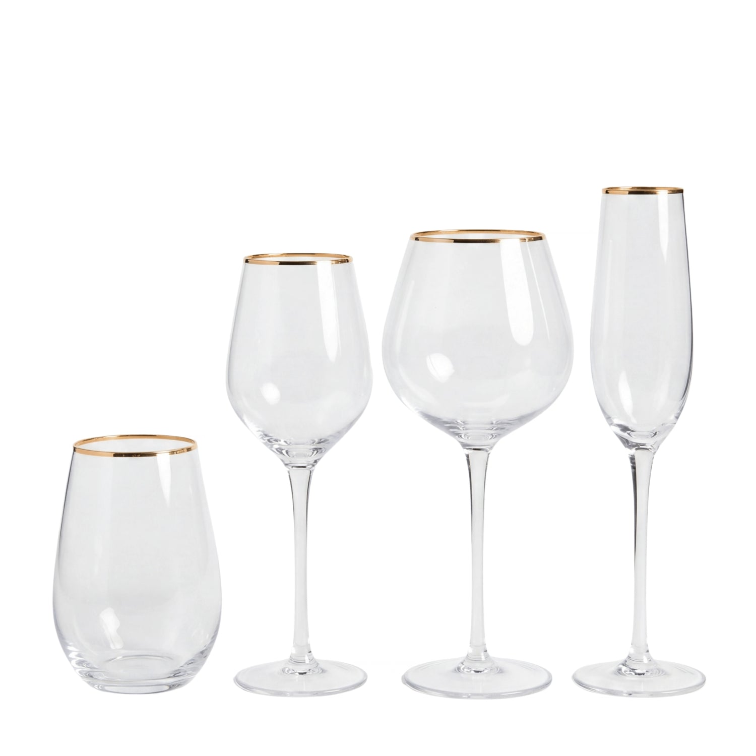 Set of four glass drinking glasses with gold rims on a white background