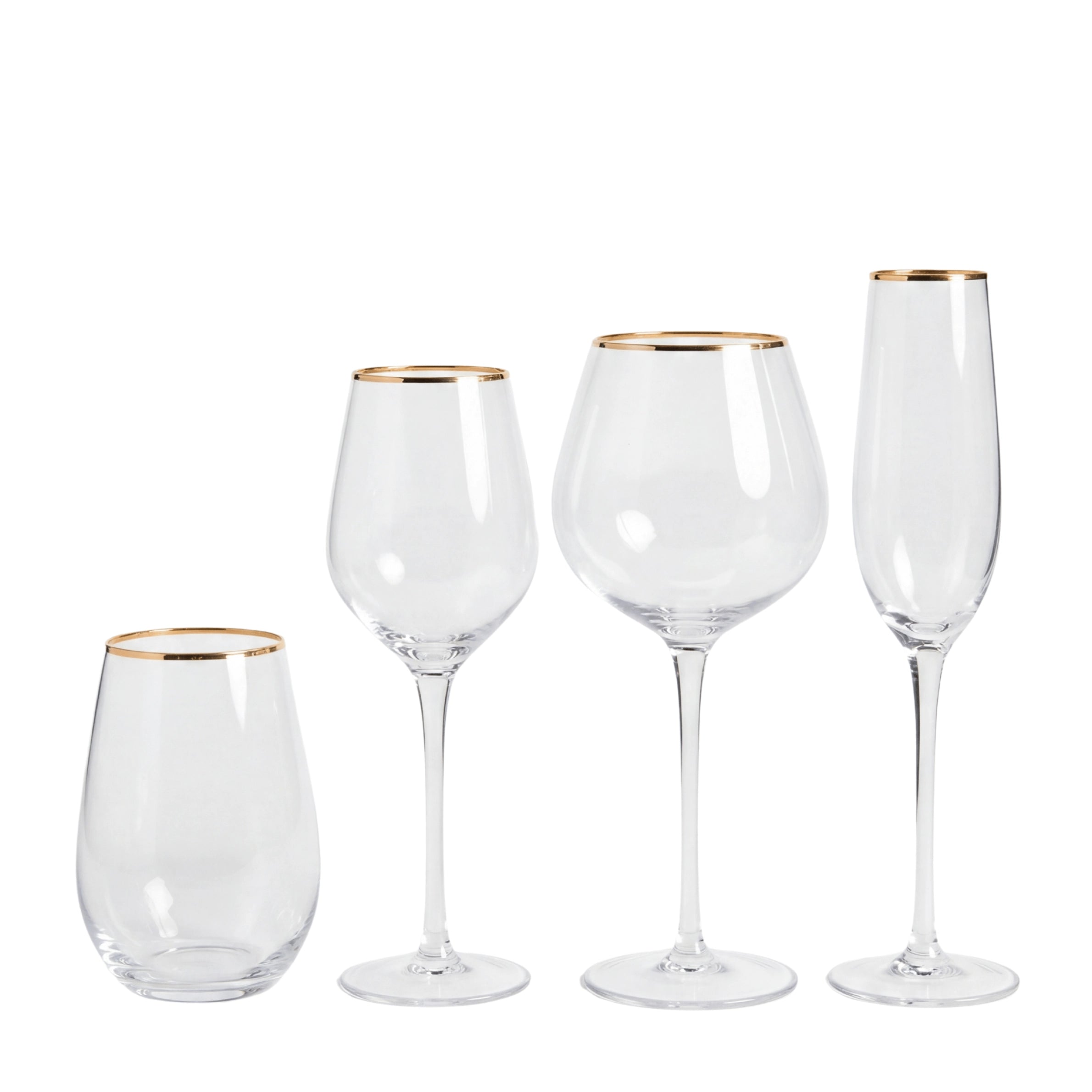 Set of four glass drinking glasses with gold rims on a white background