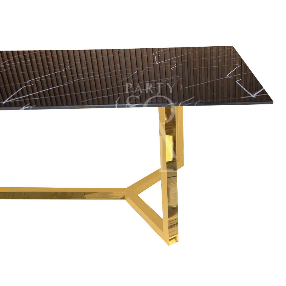 GOLD BASE WITH BLACK MARBLE TOP table, suitable for corporate events and home functions, offered by Party Social for rental or sale.