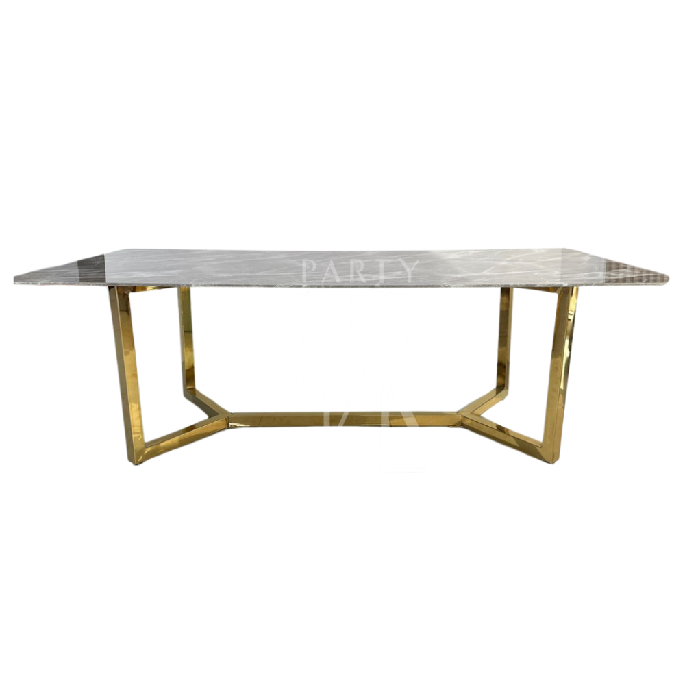 GOLD BASE WITH GREY MARBLE TOP table, featuring a marble surface and gold legs, suitable for corporate events and home functions, offered by Party Social.