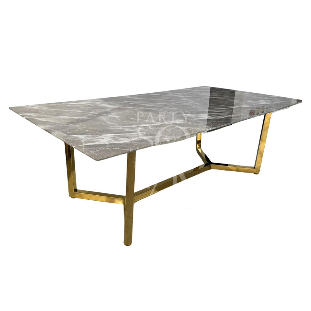 Gold base with grey marble top table, suitable for corporate events and home functions, offered by Party Social for rental or sale.