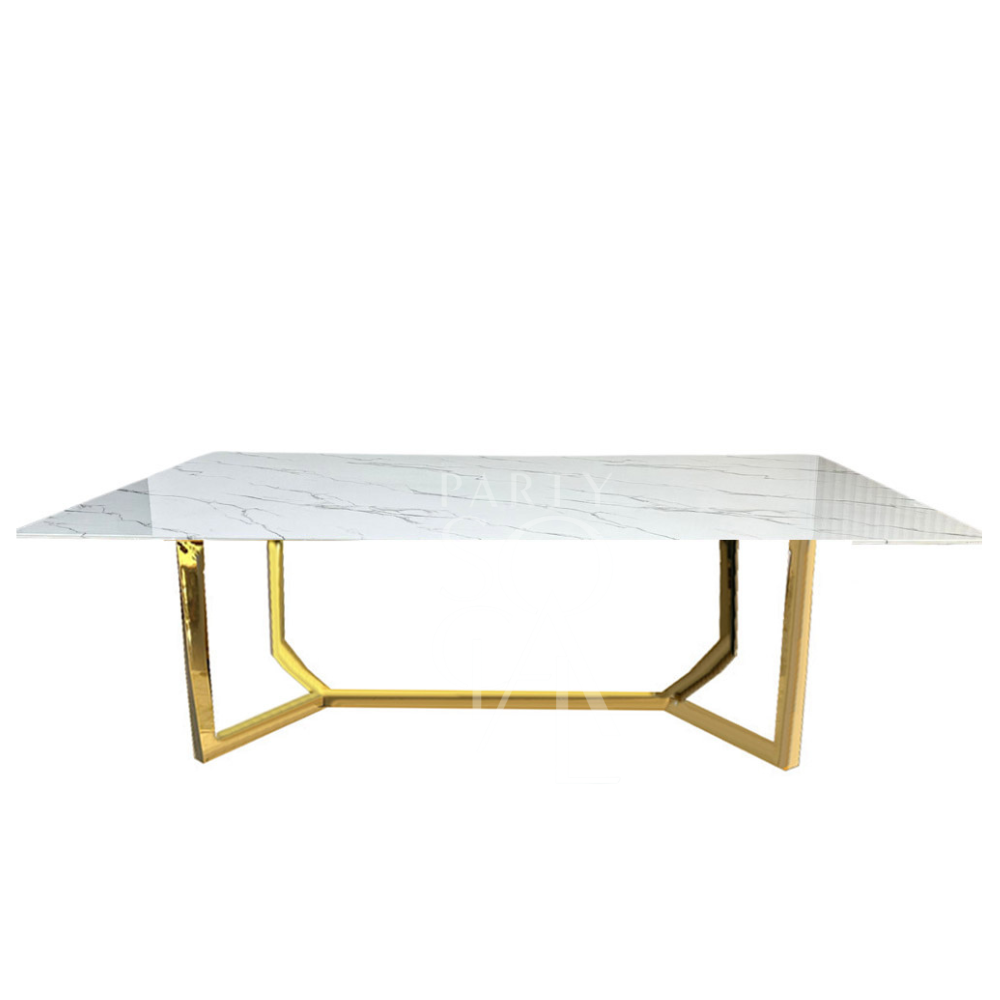 GOLD BASE WITH WHITE MARBLE TOP table, ideal for corporate events and home functions, featuring a sleek design with gold legs.