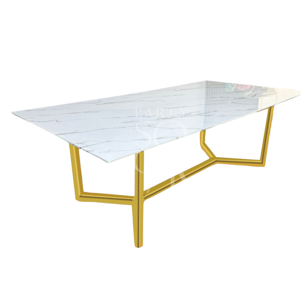 GOLD BASE WITH WHITE MARBLE TOP table, ideal for events, featuring a sleek design with gold legs, perfect for corporate or home gatherings.