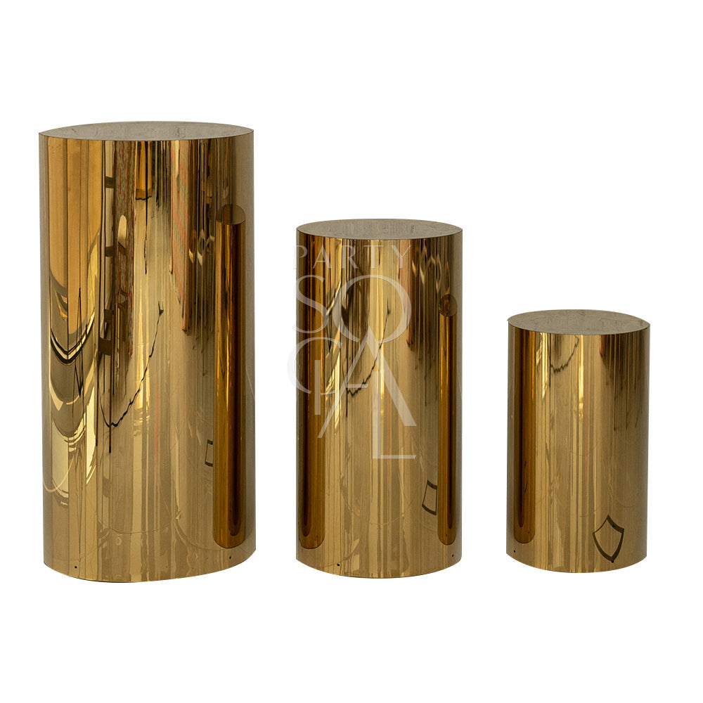 Gold Mirror Round Podium, featuring shiny gold cylindrical shapes, ideal for enhancing event displays with lightweight and durable design suitable for various occasions.