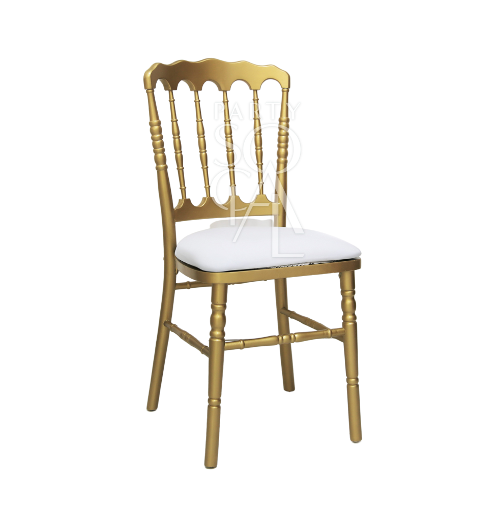 NAPOLEON GOLD CHAIR with a white cushion, ideal for weddings and events, showcasing a simple, elegant design suitable for various occasions.