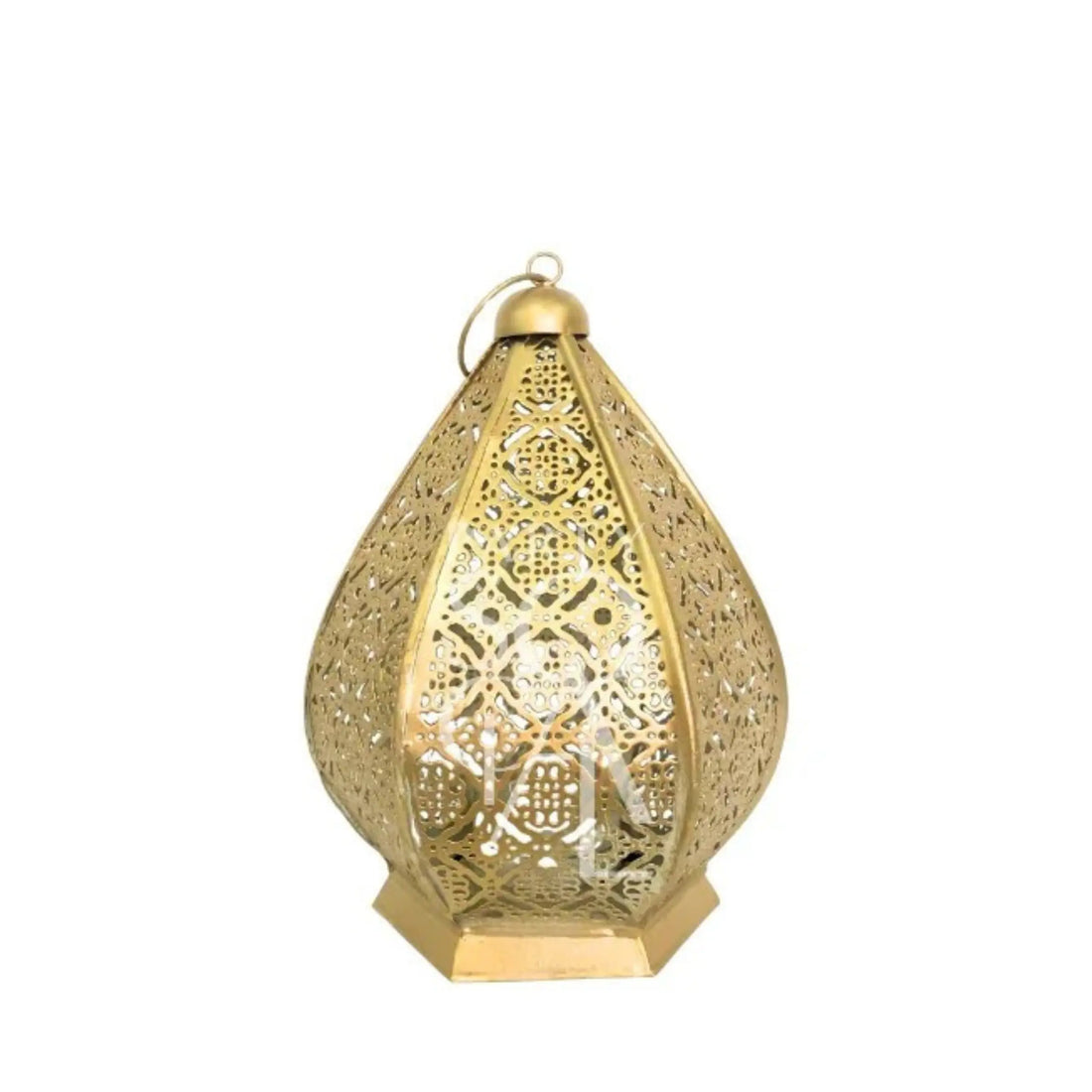t has a teardrop or onion-shaped body with intricate cutout patterns on each panel, a small loop at the top for hanging, and a hexagonal base. The design feels ornate and Middle Eastern or Moroccan inspired, likely meant for a candle or small light inside so the patterns cast shadows. The background is plain light gray, which makes the lantern stand out clearly.