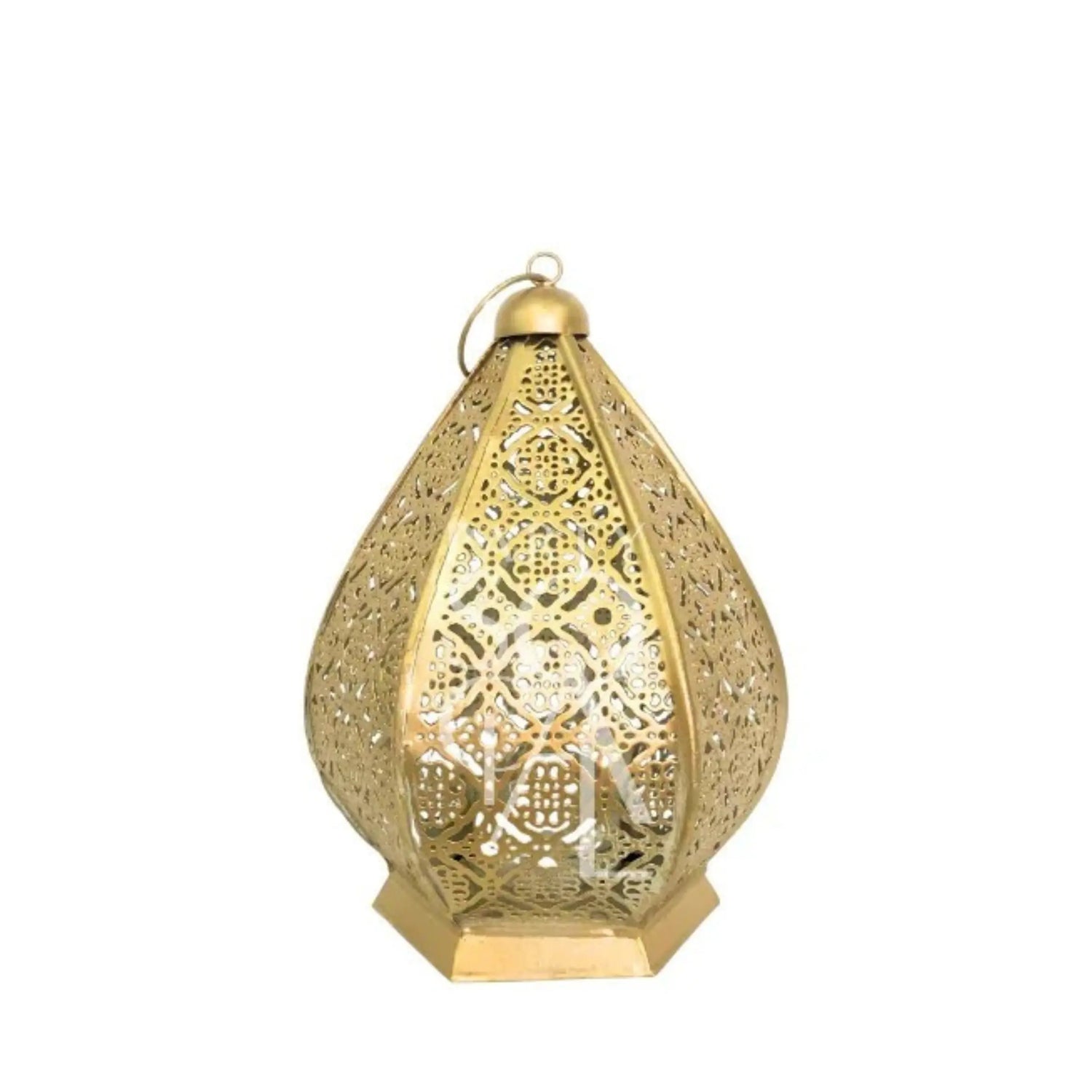 t has a teardrop or onion-shaped body with intricate cutout patterns on each panel, a small loop at the top for hanging, and a hexagonal base. The design feels ornate and Middle Eastern or Moroccan inspired, likely meant for a candle or small light inside so the patterns cast shadows. The background is plain light gray, which makes the lantern stand out clearly.