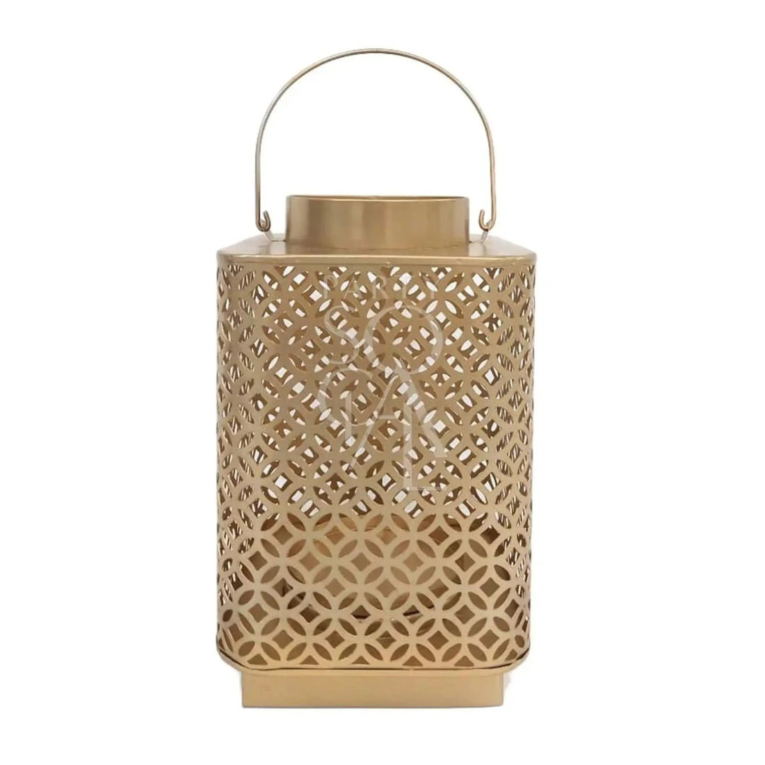 Gold Square Lantern candle holder with lid, cylinder shape. Perfect for lighting up events and parties. Dimensions: 30cm H x 18cm W. Tableware rentals from Party Social Dubai.