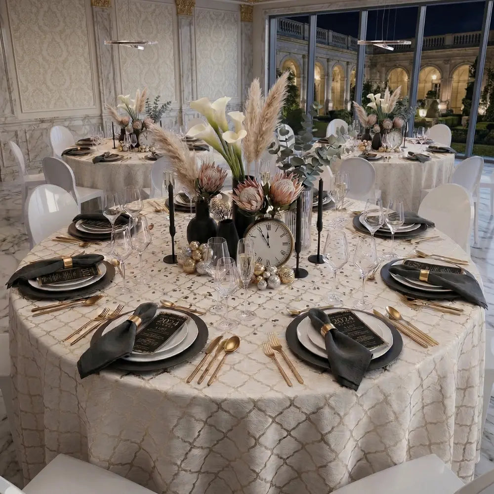Golden Trellis Round Tablecloth elegantly drapes a banquet table, featuring a metallic gold geometric pattern, amidst a formal dinner setting with exquisite place settings.