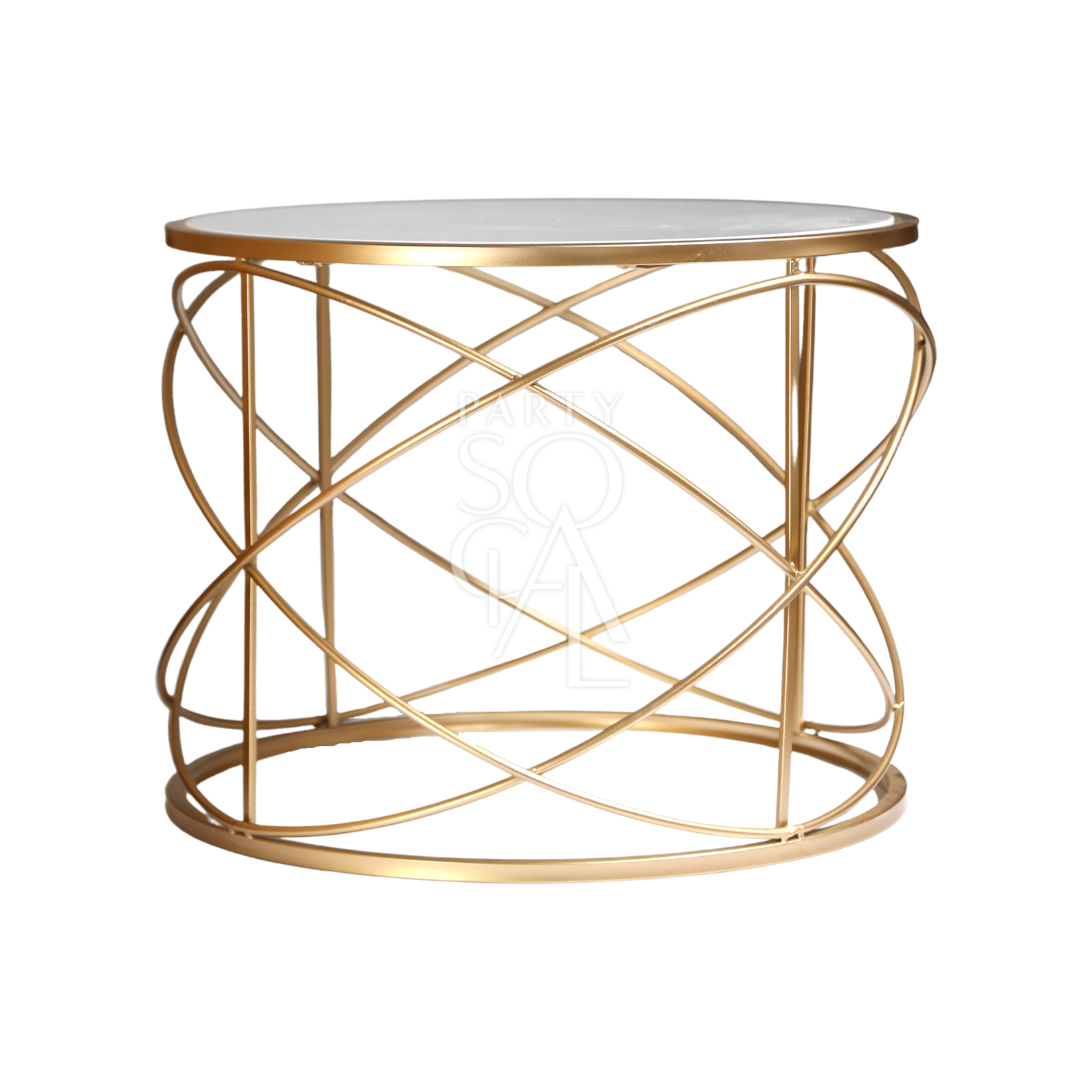 GOLD WIRE WITH MARBLE TOP COFFEE TABLE, featuring a sleek gold wire base and a smooth white marble top, perfect for events and sophisticated home gatherings.