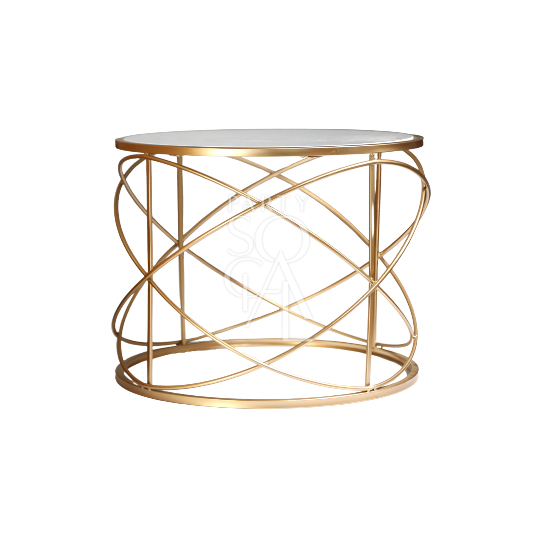 GOLD WIRE WITH MARBLE TOP COFFEE TABLE, ideal for events, featuring a round marble top and gold wire base, perfect for enhancing party settings.