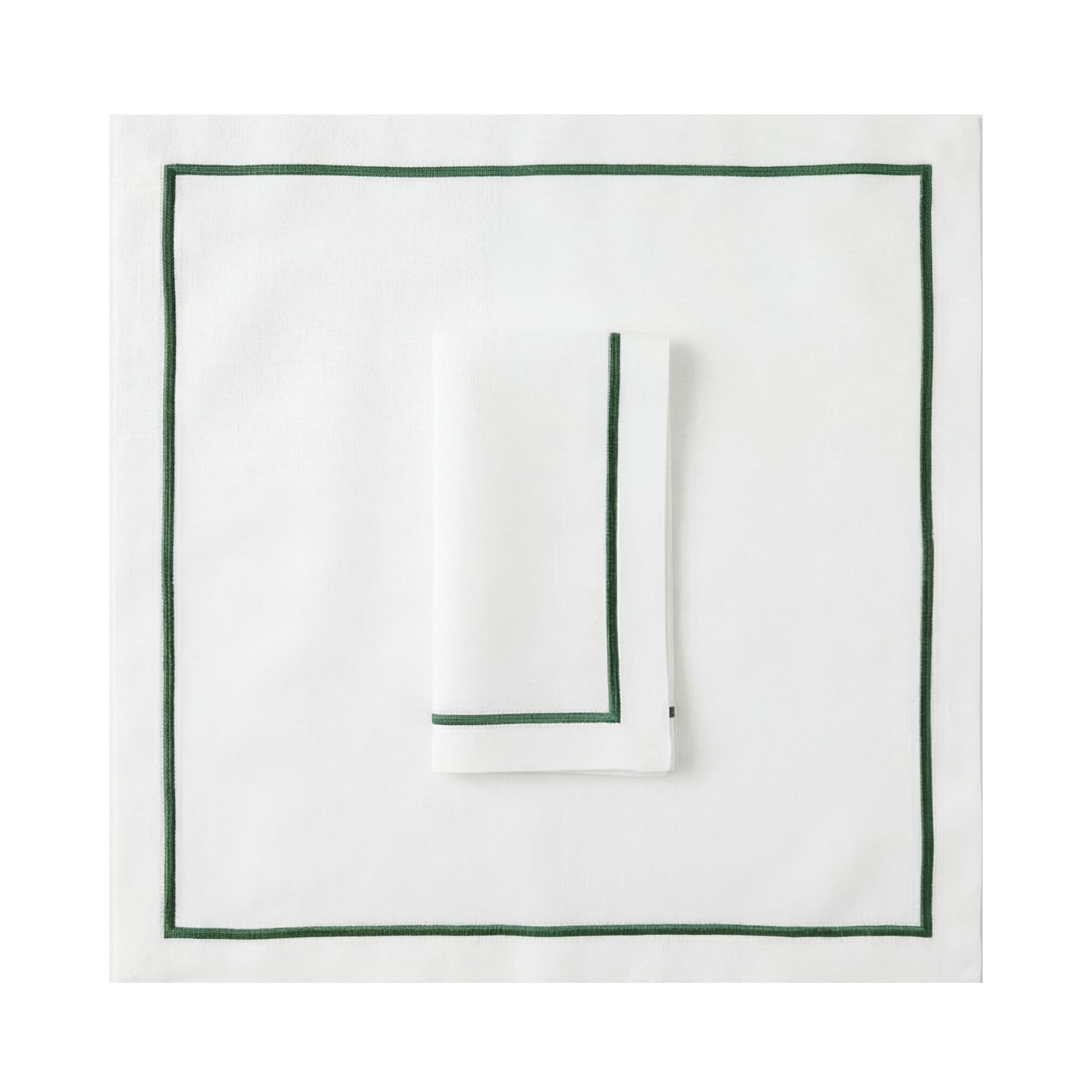 Green Lined Pure Linen Dinner Napkin - Set of 2: White linen napkin and matching tablecloth with green borders, ideal for elegant dining and event settings.