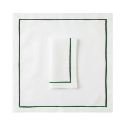 Green Lined Pure Linen Dinner Napkin - Set of 2: White linen napkin and matching tablecloth with green borders, ideal for elegant dining and event settings.