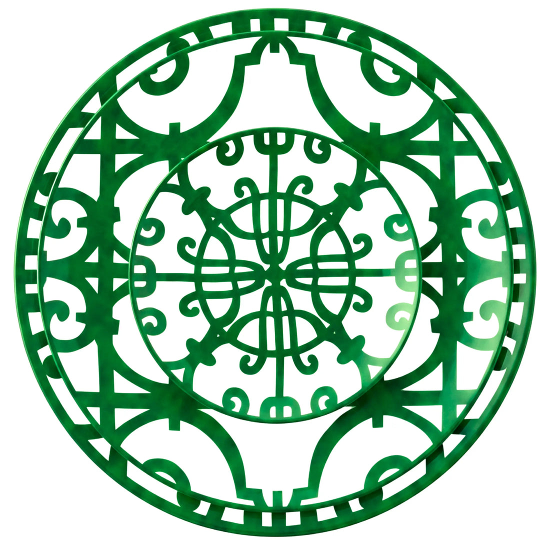 Green &amp; Bold Collection charger plate with intricate filigree pattern, perfect for adding rustic elegance to event tablescapes, available at Party Social.