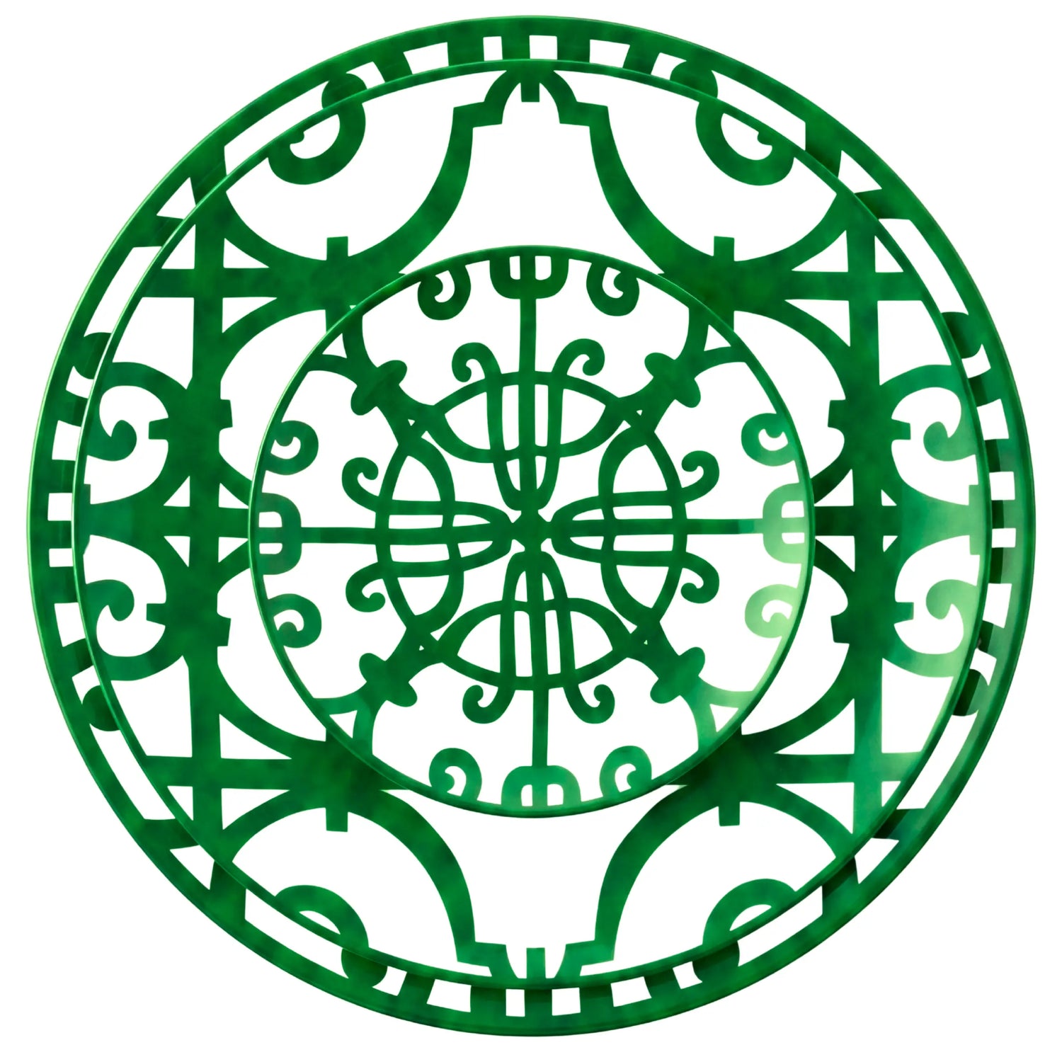 Green &amp; Bold Collection charger plate with intricate filigree pattern, perfect for adding rustic elegance to event tablescapes, available at Party Social.