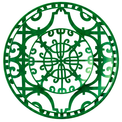 Green &amp; Bold Collection charger plate with intricate filigree pattern, perfect for adding rustic elegance to event tablescapes, available at Party Social.