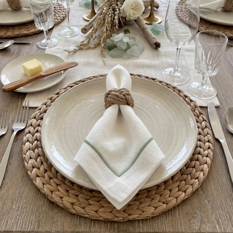 Green Lined Pure Linen Dinner Napkin - Set of 4
