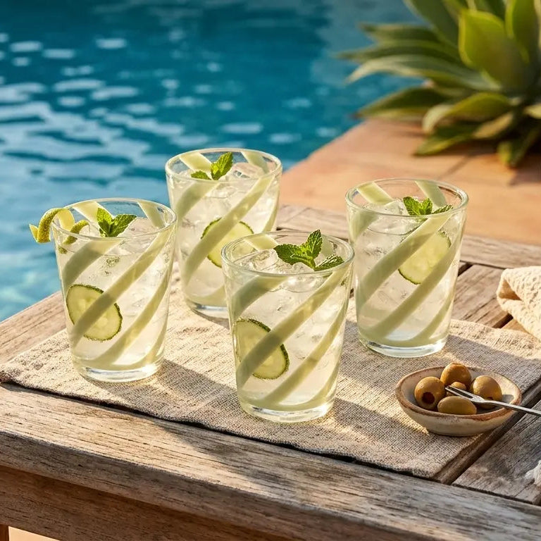 Four glasses of lemonade with lime wedges on a wooden table by a pool.