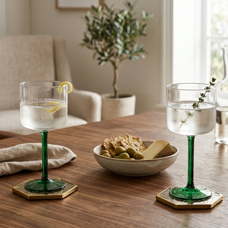 Dining table with green glass coasters, water glasses, and a bowl of snacks.