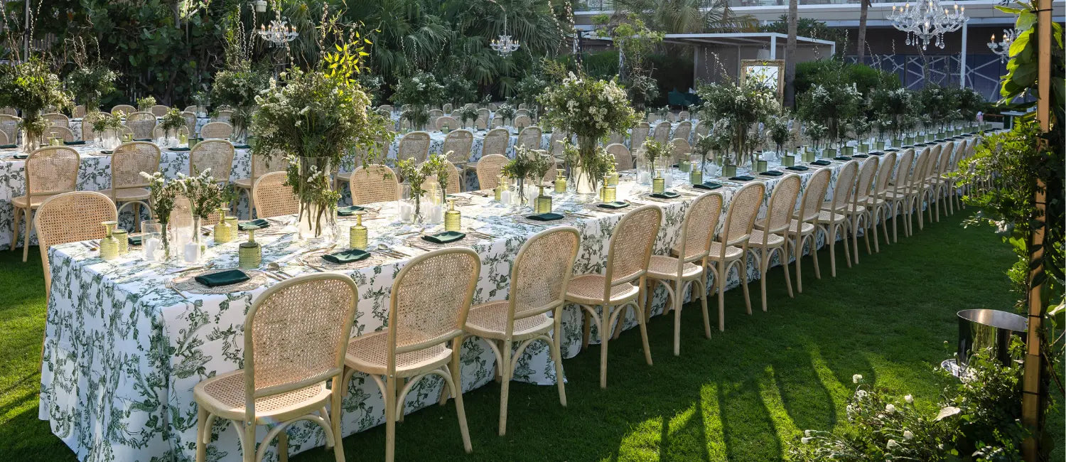 Green Vine Printed Tablecloth and Full Garden Theme Table Setup