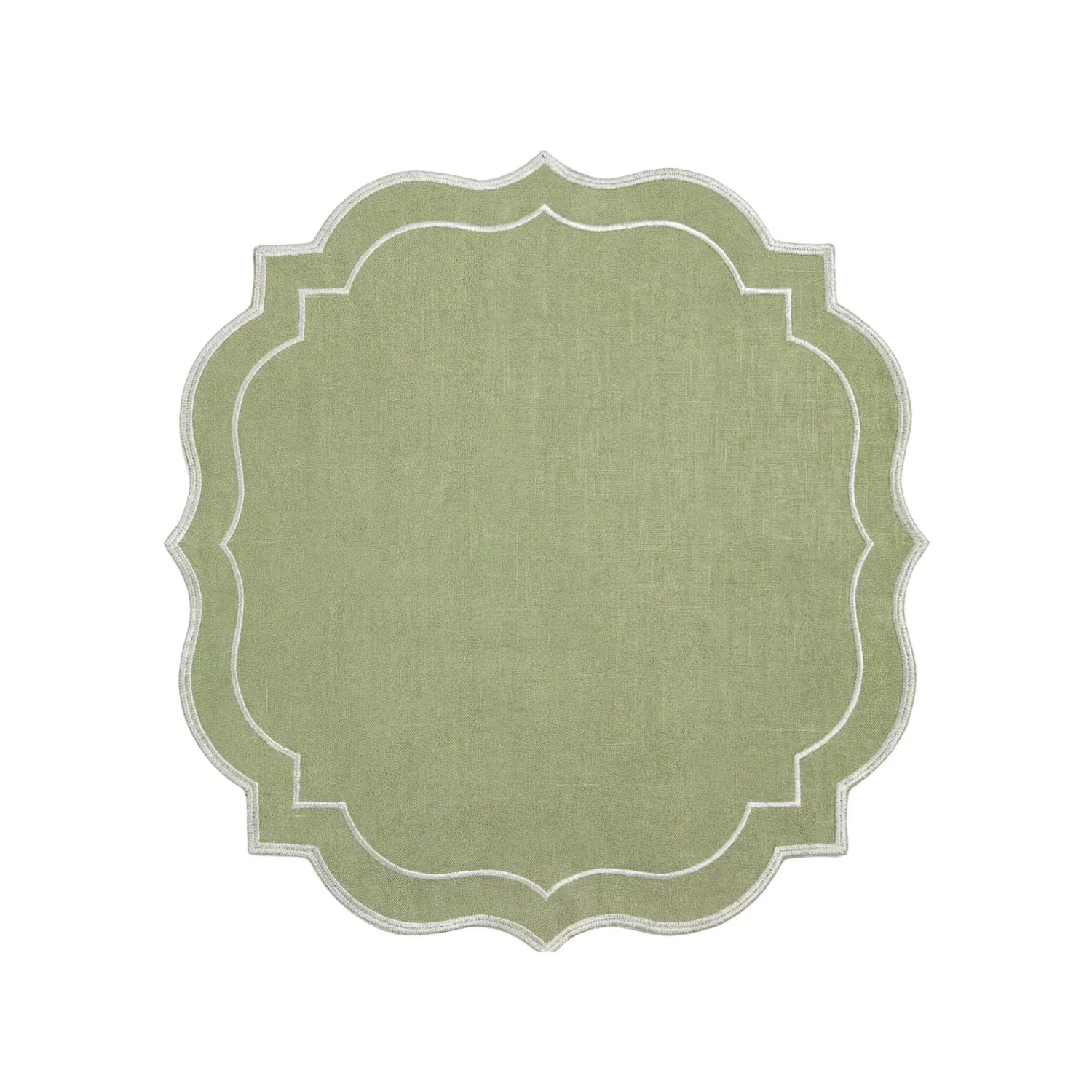 Sage Green Scalloped Linen Napkins - Set of 4, featuring a scalloped edge with white embroidery, ideal for elegant dining and entertaining from Party Social.