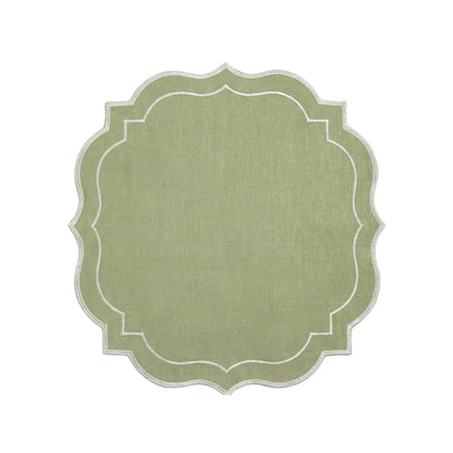 Sage Green Scalloped Linen Napkins - Set of 4, featuring a scalloped edge with white embroidery, ideal for elegant dining and entertaining from Party Social.
