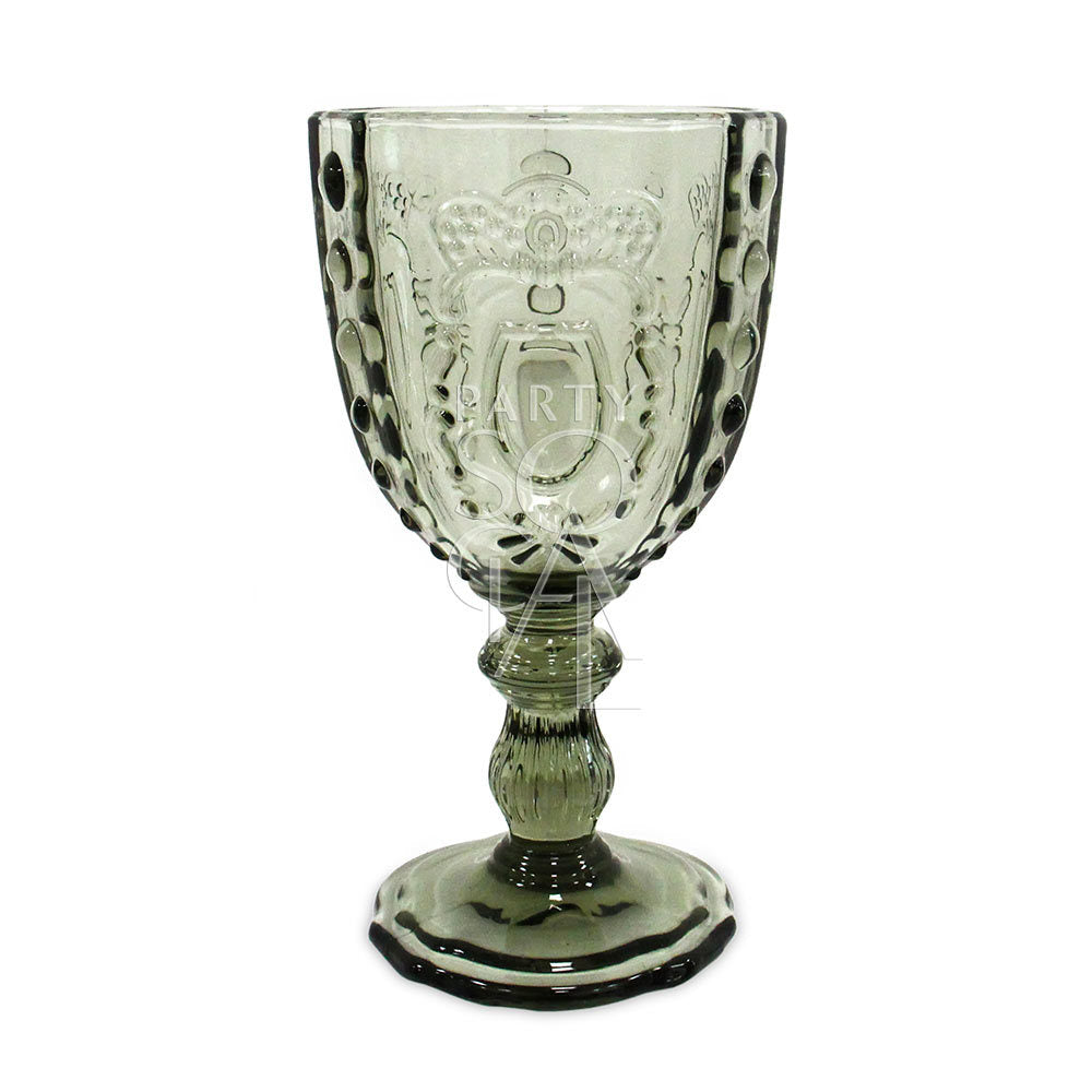 Vintage Crest Goblet Glass with elegant design, perfect for enhancing tablescapes at events or dinner parties, blending formal and rustic styles effortlessly.