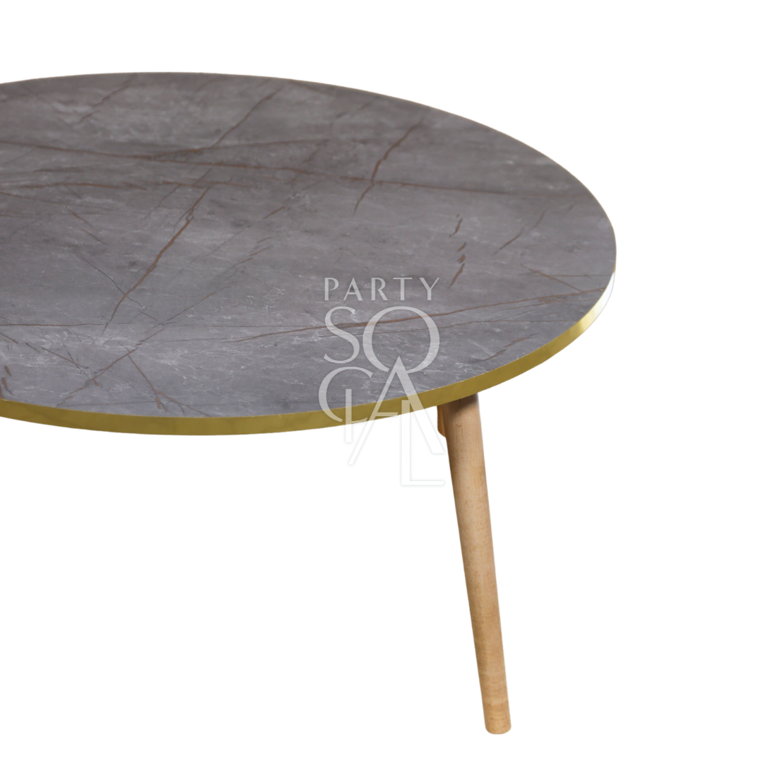 GREY GOLD RIMMED COFFEE TABLE, perfect for events, showcasing a sleek round design with a gold band, ideal for parties and corporate gatherings.