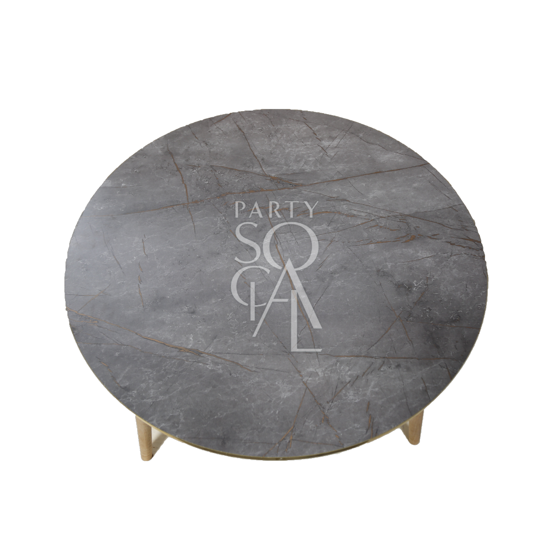 GREY GOLD RIMMED COFFEE TABLE with logo, ideal for corporate events and home functions, featured by Party Social, specializing in party and event rentals.