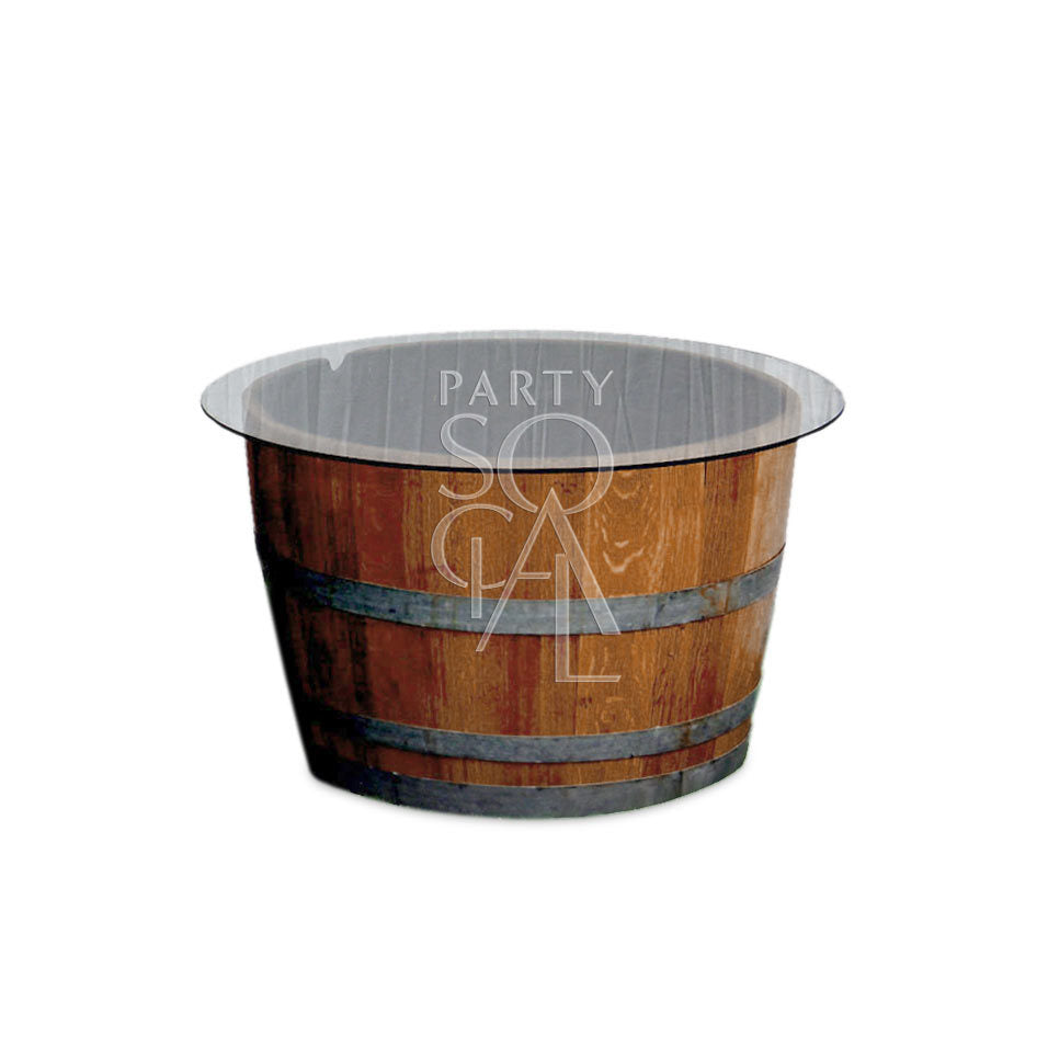 RUSTIC HALF WINE BARREL TABLE with a glass top, ideal for event displays or table use, featuring a wooden barrel design with metal rings.