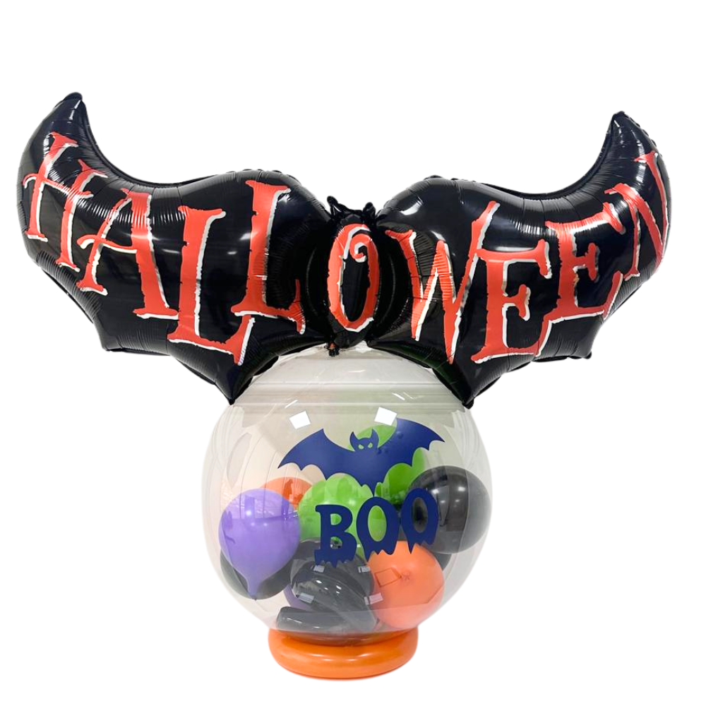 Halloween Bubble Balloon Stack featuring a 36-inch printed bubble balloon, black and red bat-shaped foil balloons, perfect for Halloween party decor.