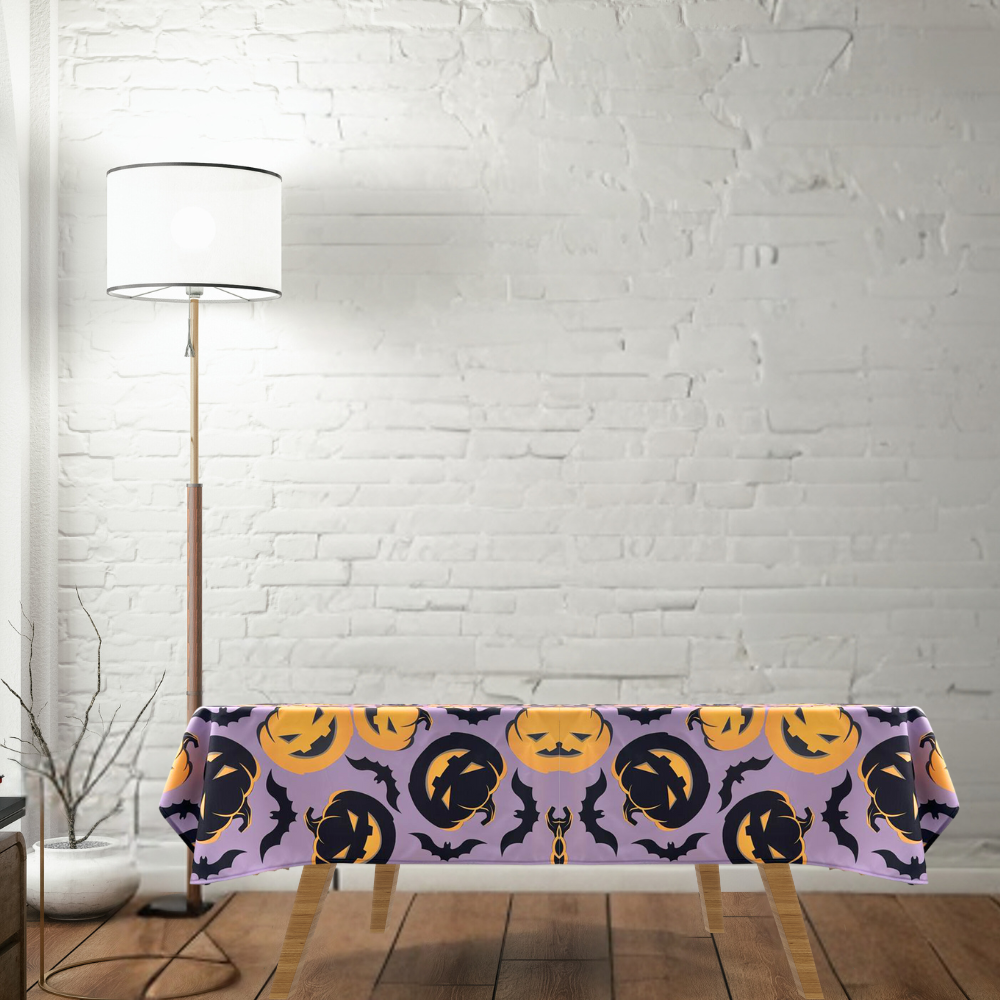 Pumpkin Ghost Bat Polyester Tablecloth featuring a whimsical design with bats and pumpkins, perfect for enhancing your party table setting. Ideal for Halloween or themed events.