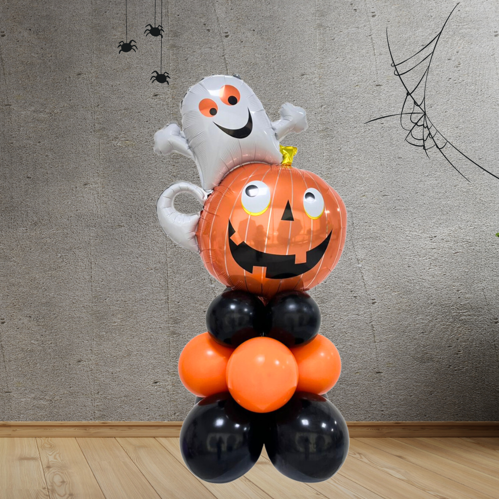 Ghost Pumpkin Balloon Stack featuring orange and black balloons with a unique foil design, perfect for Halloween party decor, either floor-standing or tabletop.